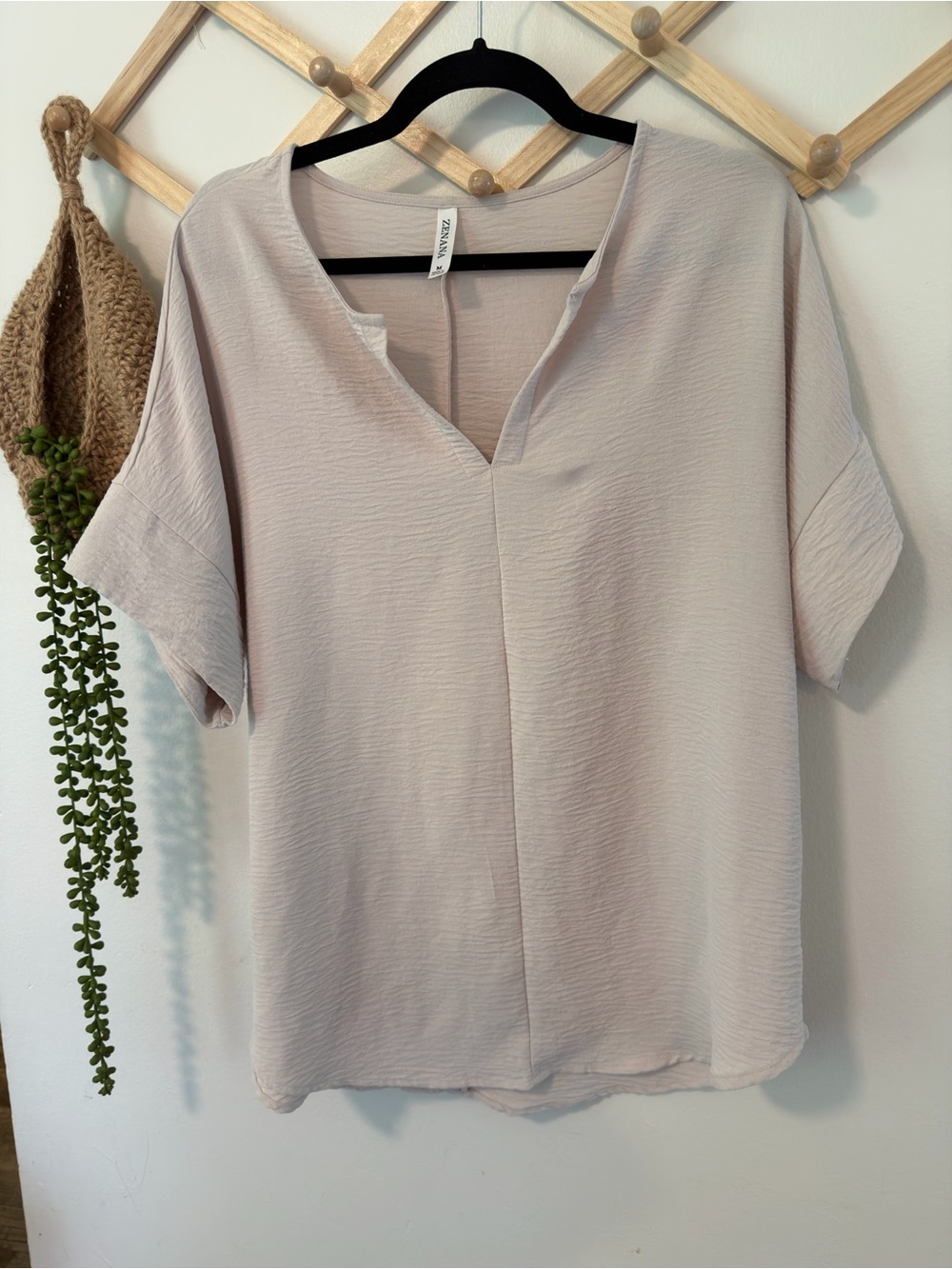 Zenana V-Neck Short Sleeve Blouse Medium Beige